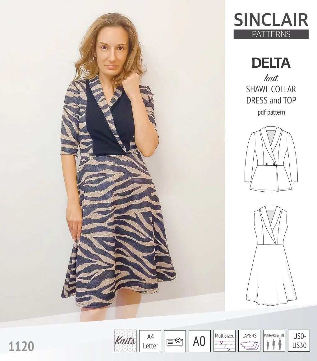 Delta knit shawl collar dress and top with princess seams (PDF)