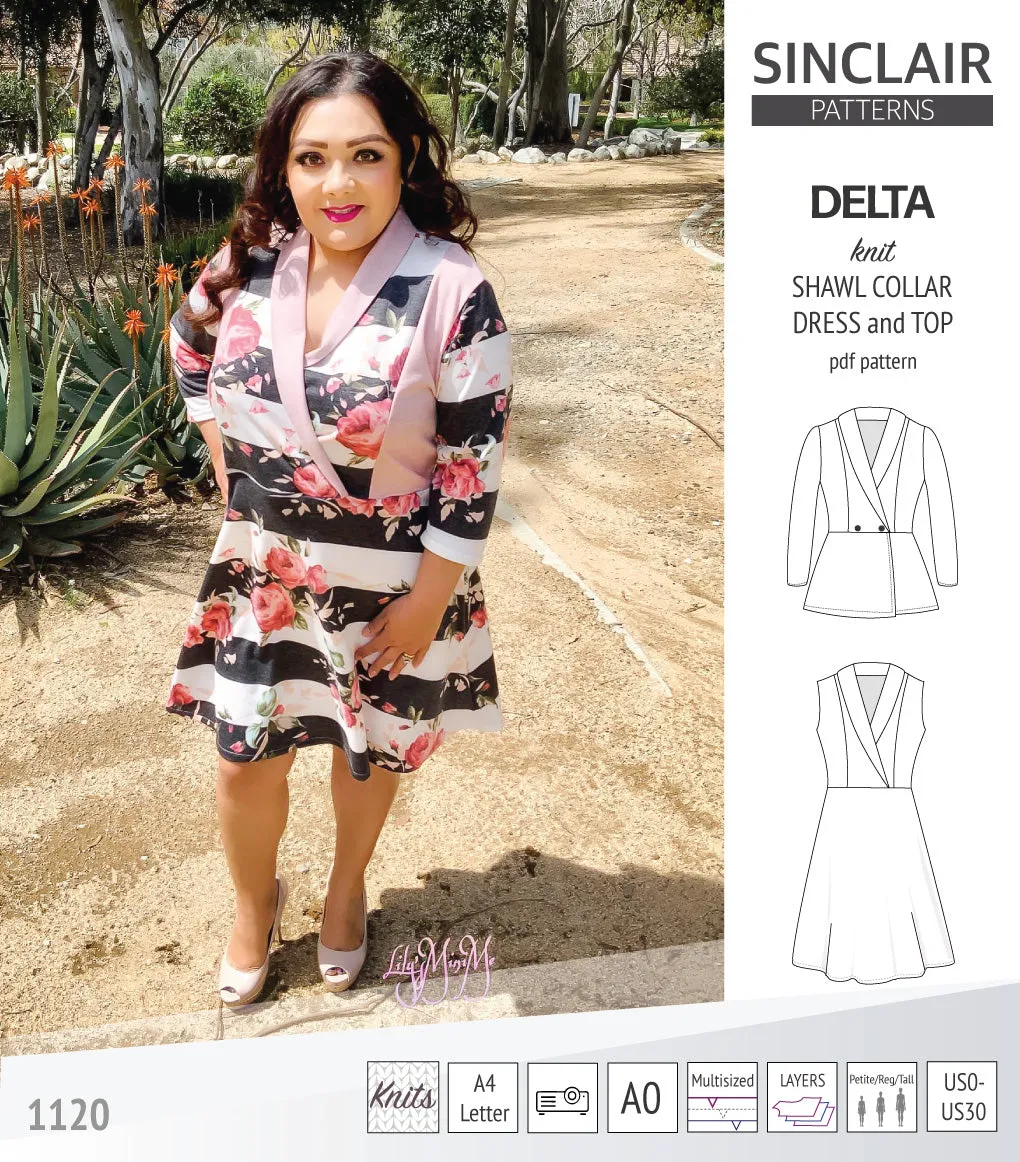 Delta knit shawl collar dress and top with princess seams (PDF)