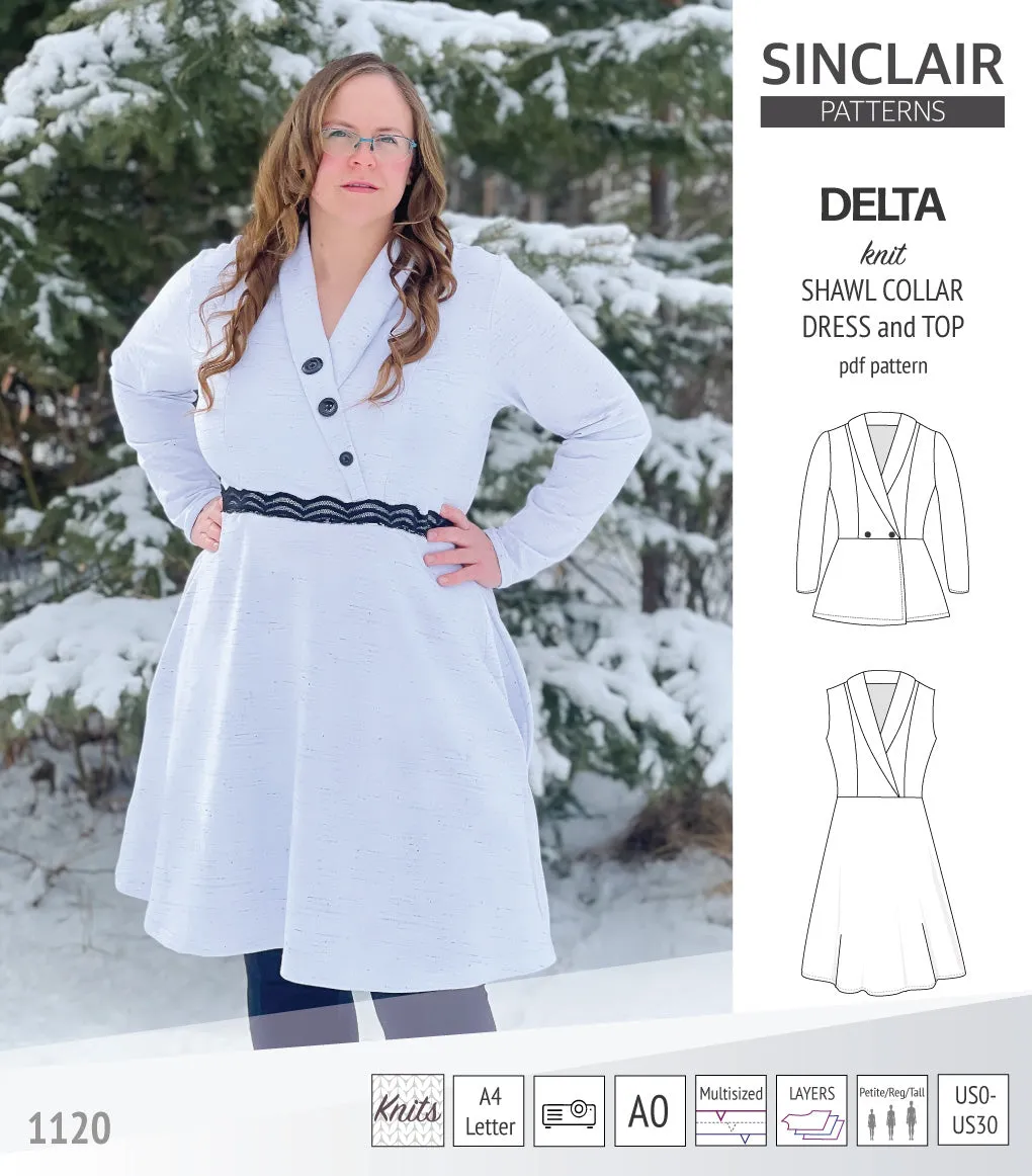 Delta knit shawl collar dress and top with princess seams (PDF)