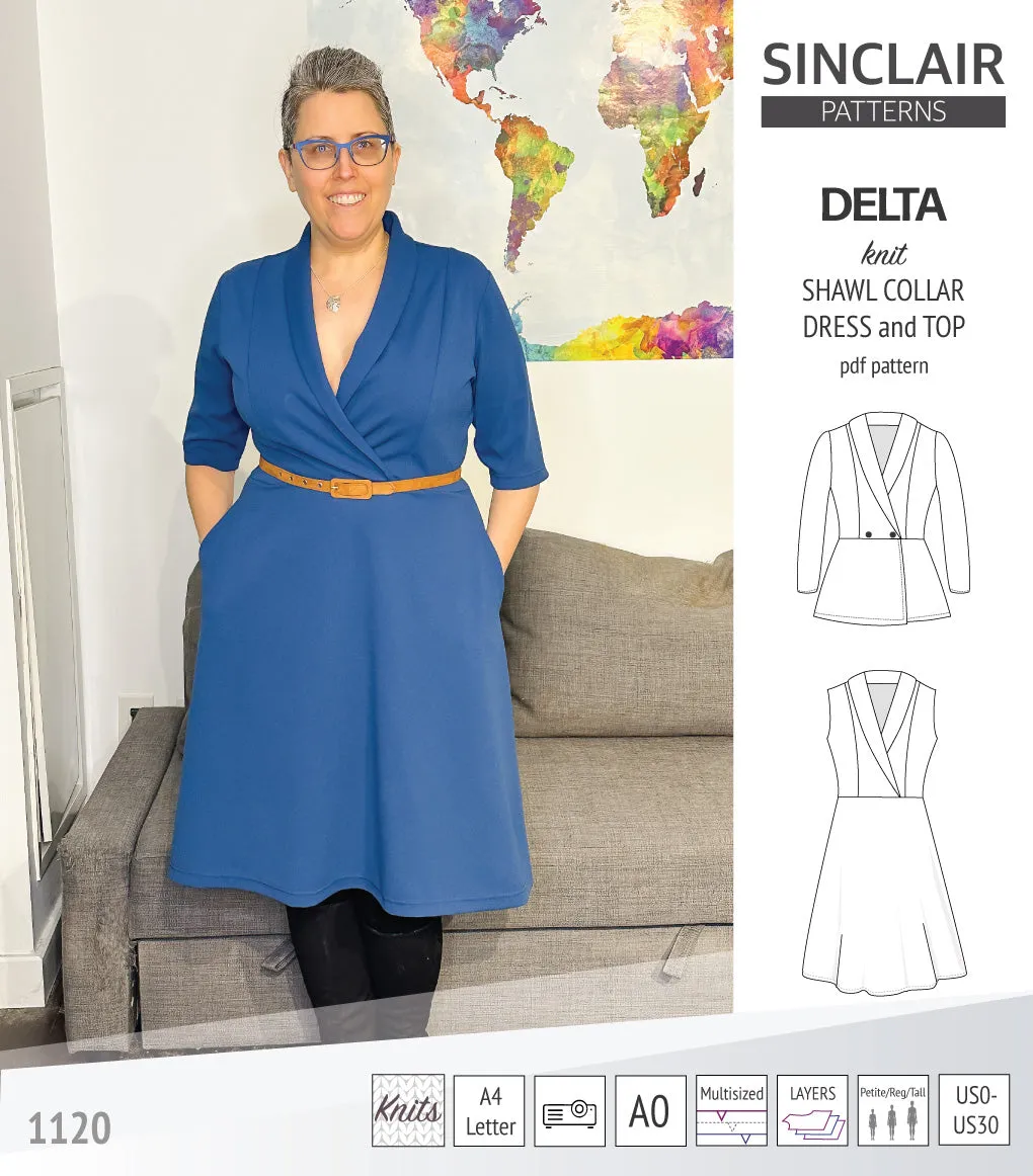 Delta knit shawl collar dress and top with princess seams (PDF)