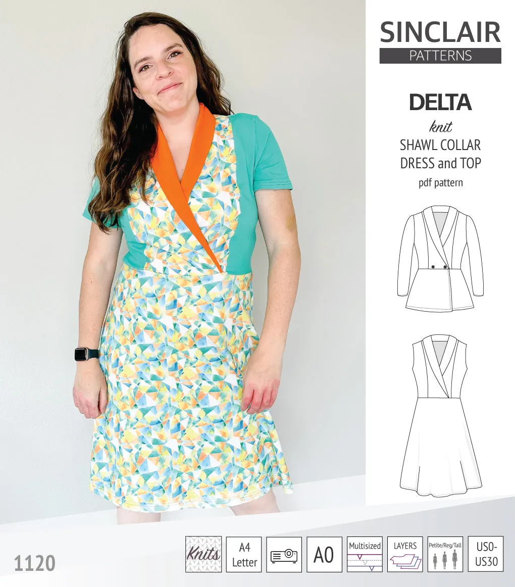 Delta knit shawl collar dress and top with princess seams (PDF)