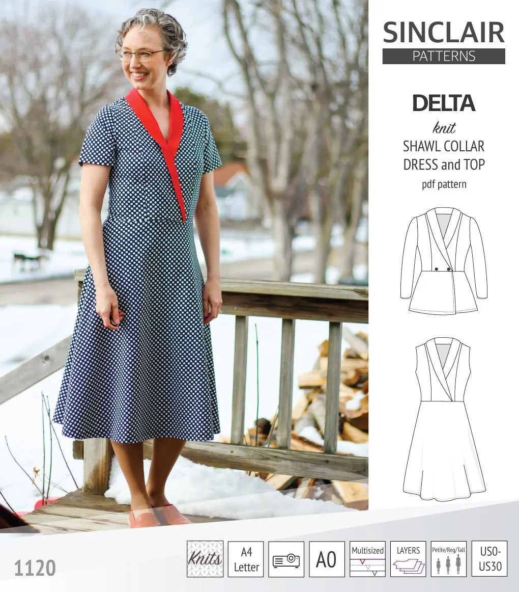 Delta knit shawl collar dress and top with princess seams (PDF)