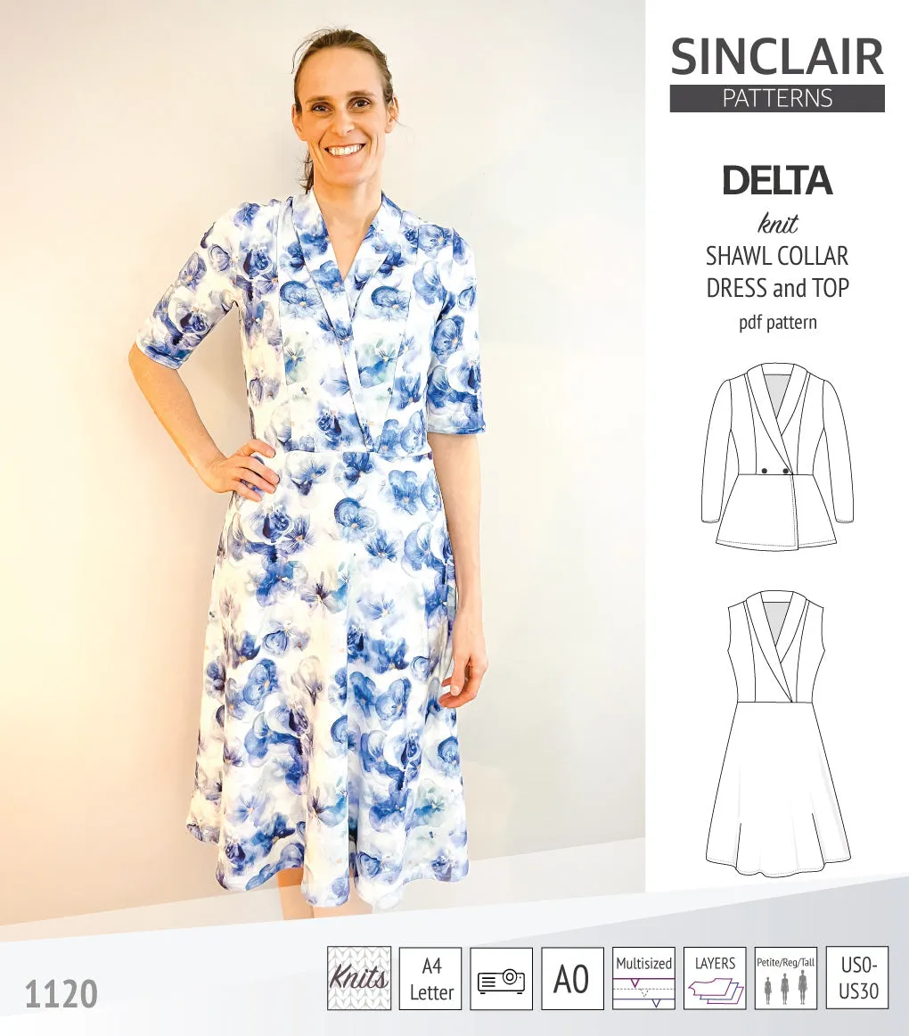 Delta knit shawl collar dress and top with princess seams (PDF)