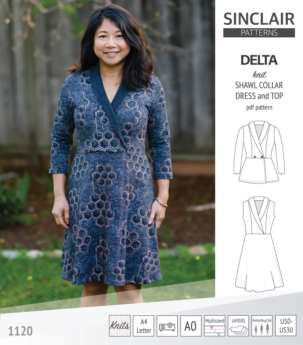 Delta knit shawl collar dress and top with princess seams (PDF)
