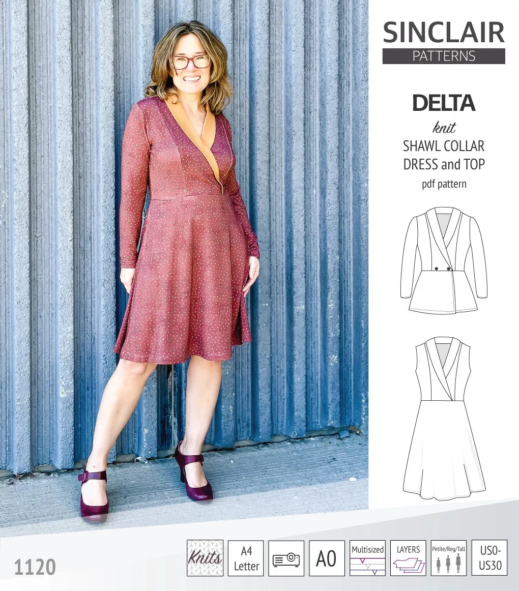 Delta knit shawl collar dress and top with princess seams (PDF)