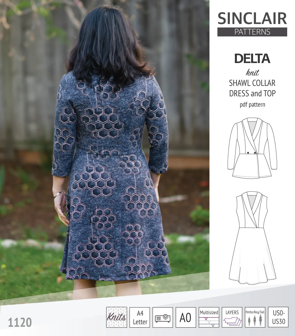 Delta knit shawl collar dress and top with princess seams (PDF)