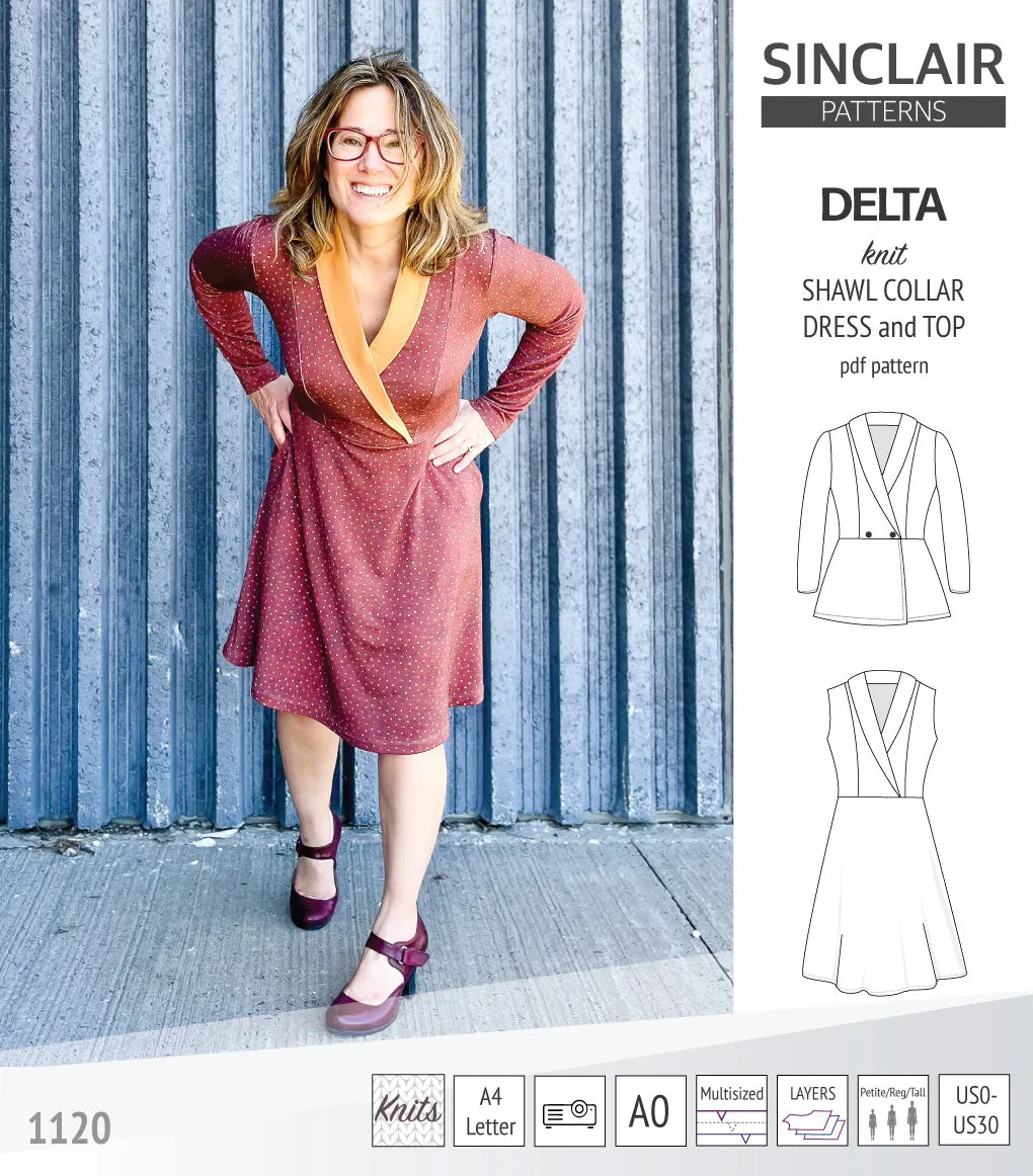 Delta knit shawl collar dress and top with princess seams (PDF)