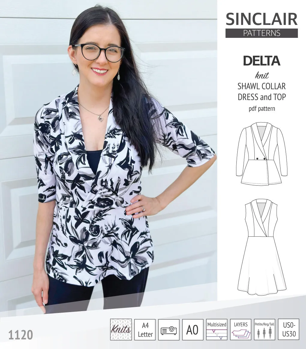 Delta knit shawl collar dress and top with princess seams (PDF)