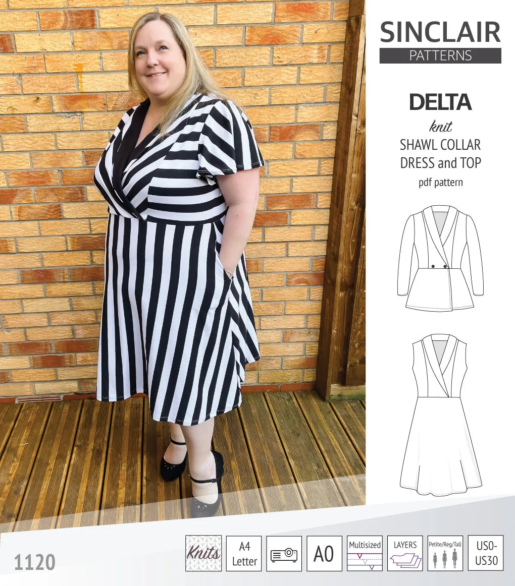 Delta knit shawl collar dress and top with princess seams (PDF)