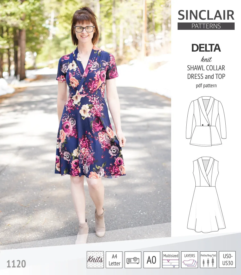 Delta knit shawl collar dress and top with princess seams (PDF)