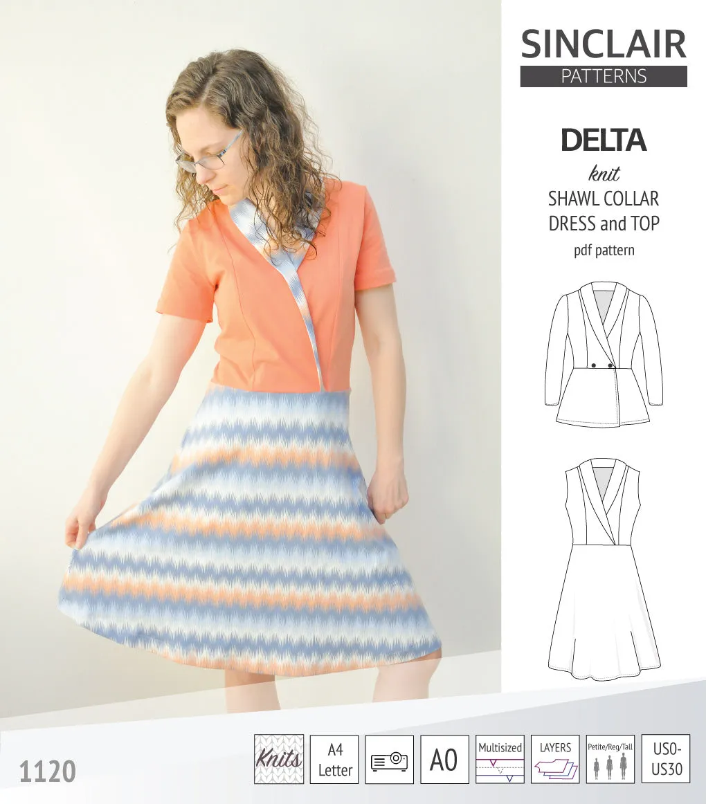 Delta knit shawl collar dress and top with princess seams (PDF)