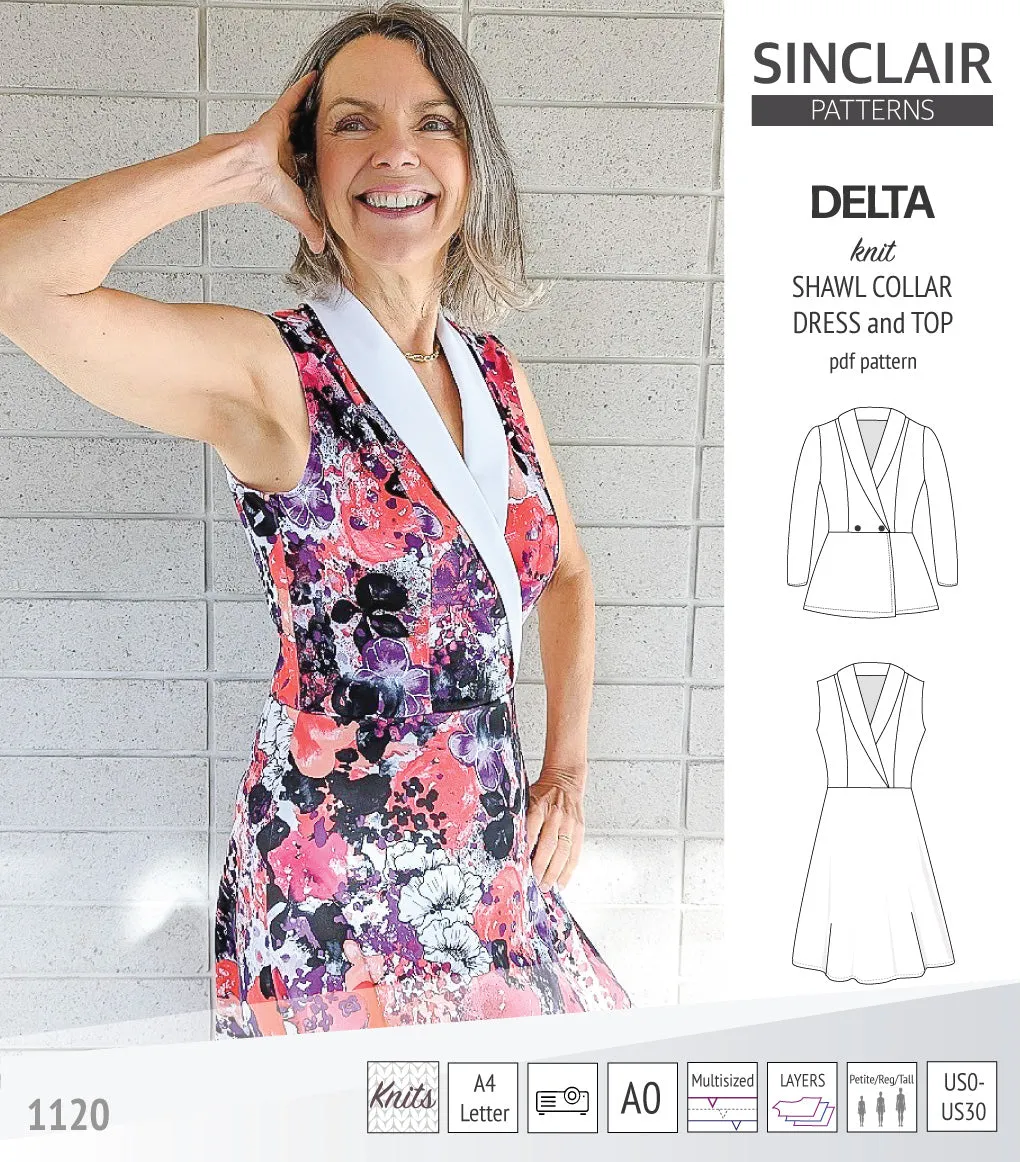 Delta knit shawl collar dress and top with princess seams (PDF)