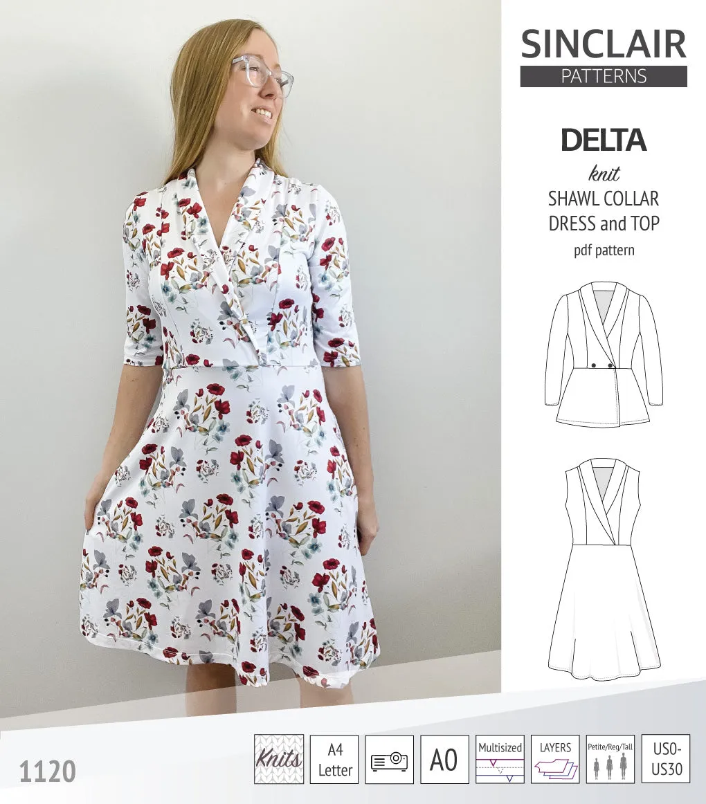 Delta knit shawl collar dress and top with princess seams (PDF)