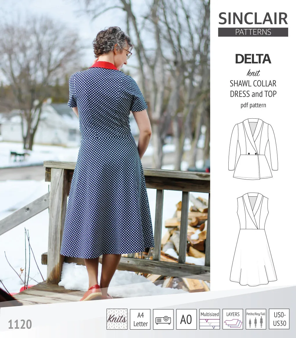 Delta knit shawl collar dress and top with princess seams (PDF)