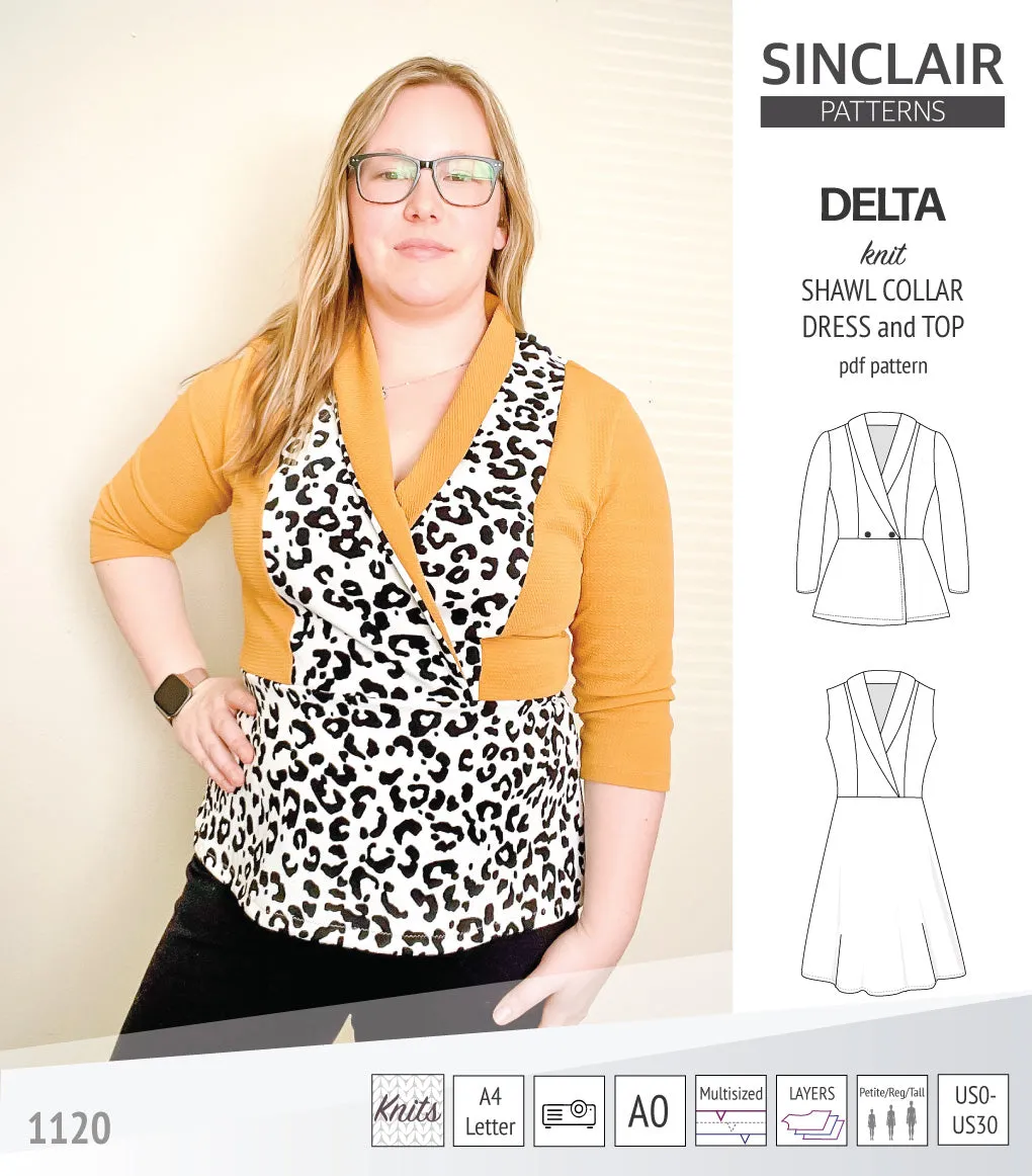 Delta knit shawl collar dress and top with princess seams (PDF)