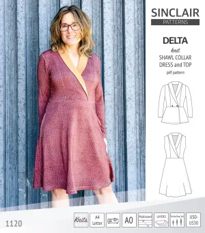 Delta knit shawl collar dress and top with princess seams (PDF)