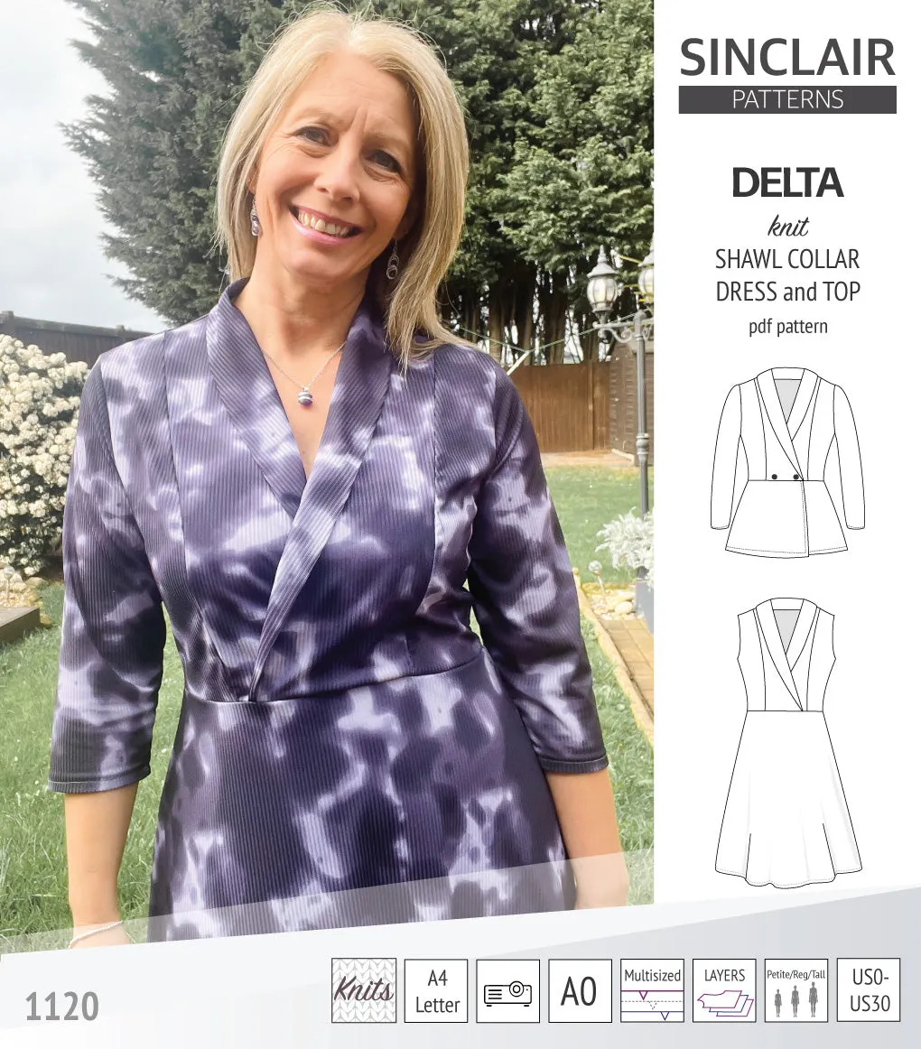 Delta knit shawl collar dress and top with princess seams (PDF)