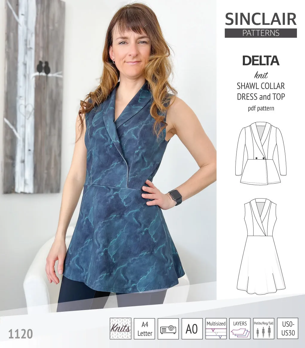 Delta knit shawl collar dress and top with princess seams (PDF)