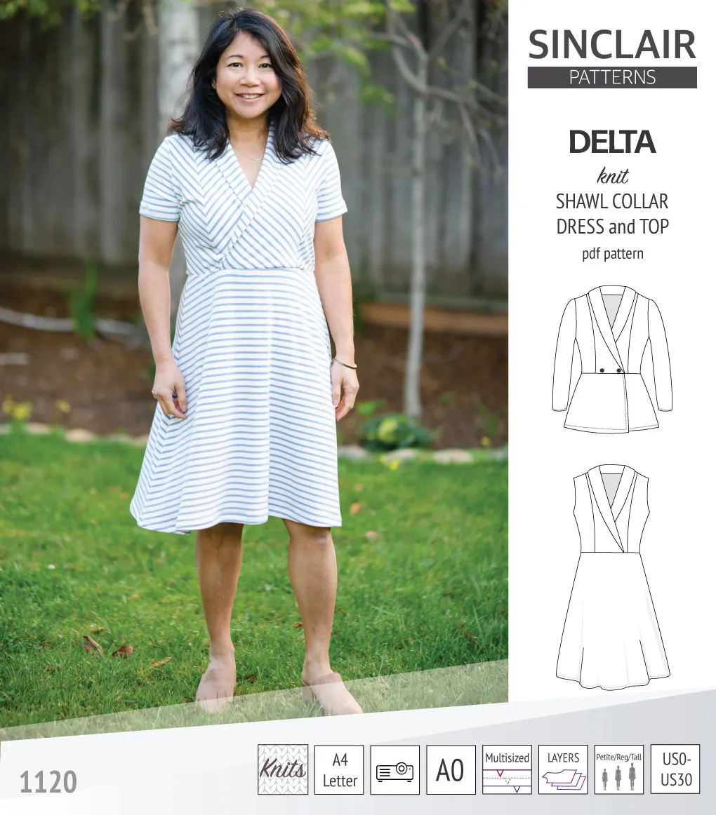 Delta knit shawl collar dress and top with princess seams (PDF)