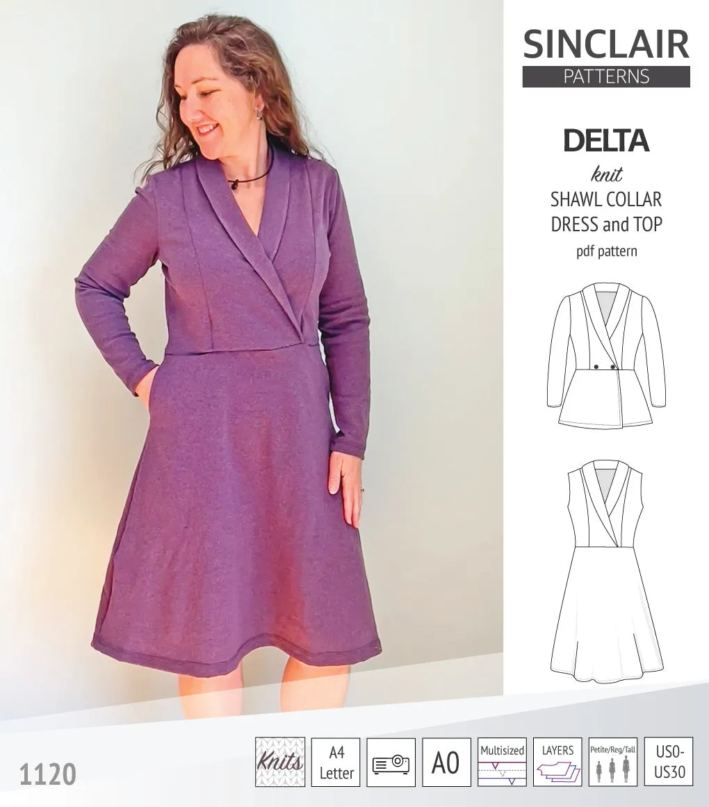 Delta knit shawl collar dress and top with princess seams (PDF)