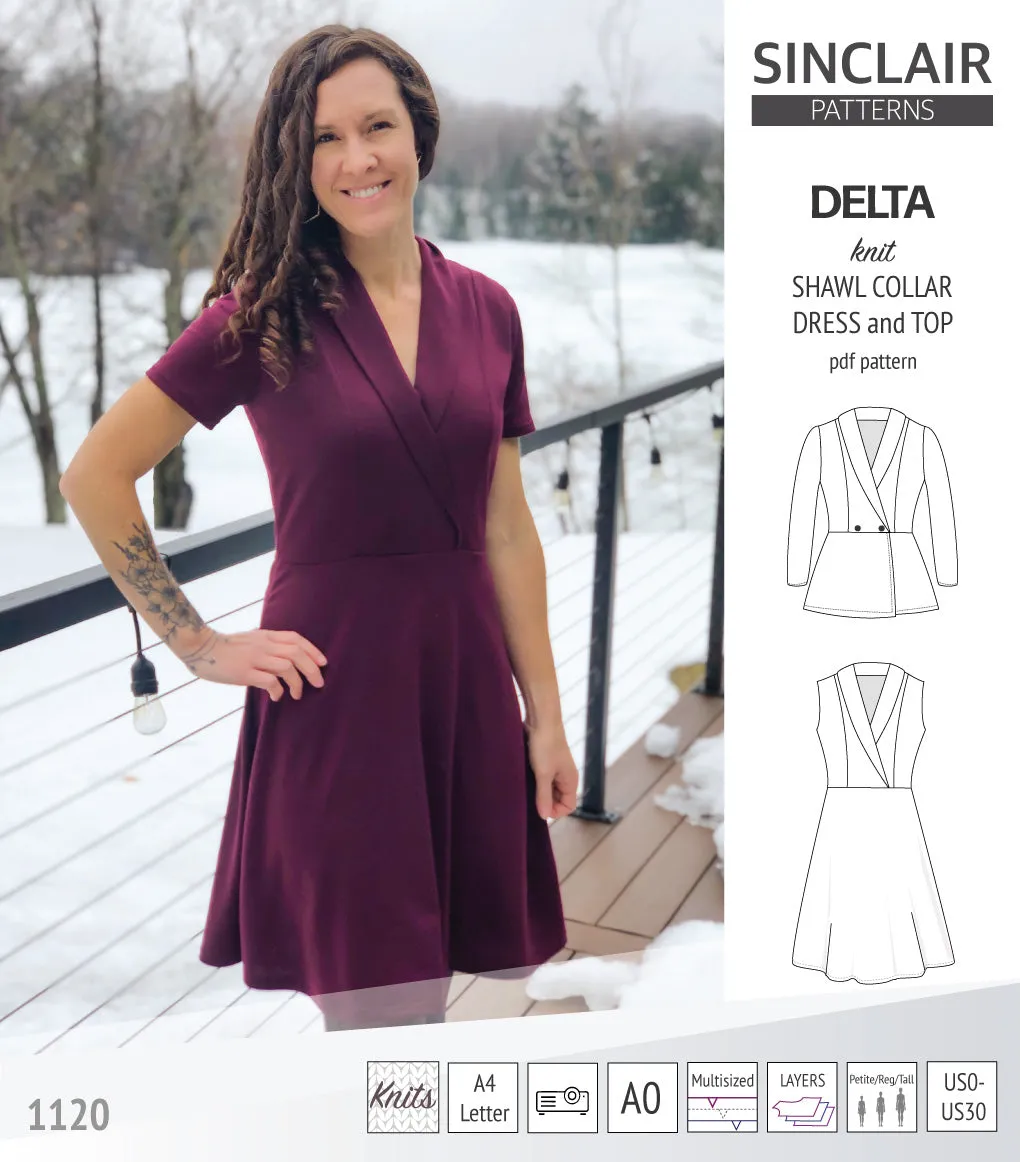 Delta knit shawl collar dress and top with princess seams (PDF)