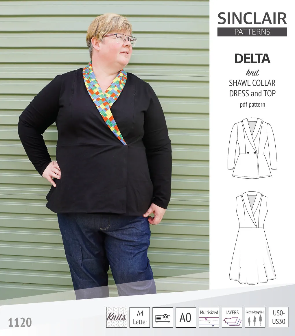 Delta knit shawl collar dress and top with princess seams (PDF)