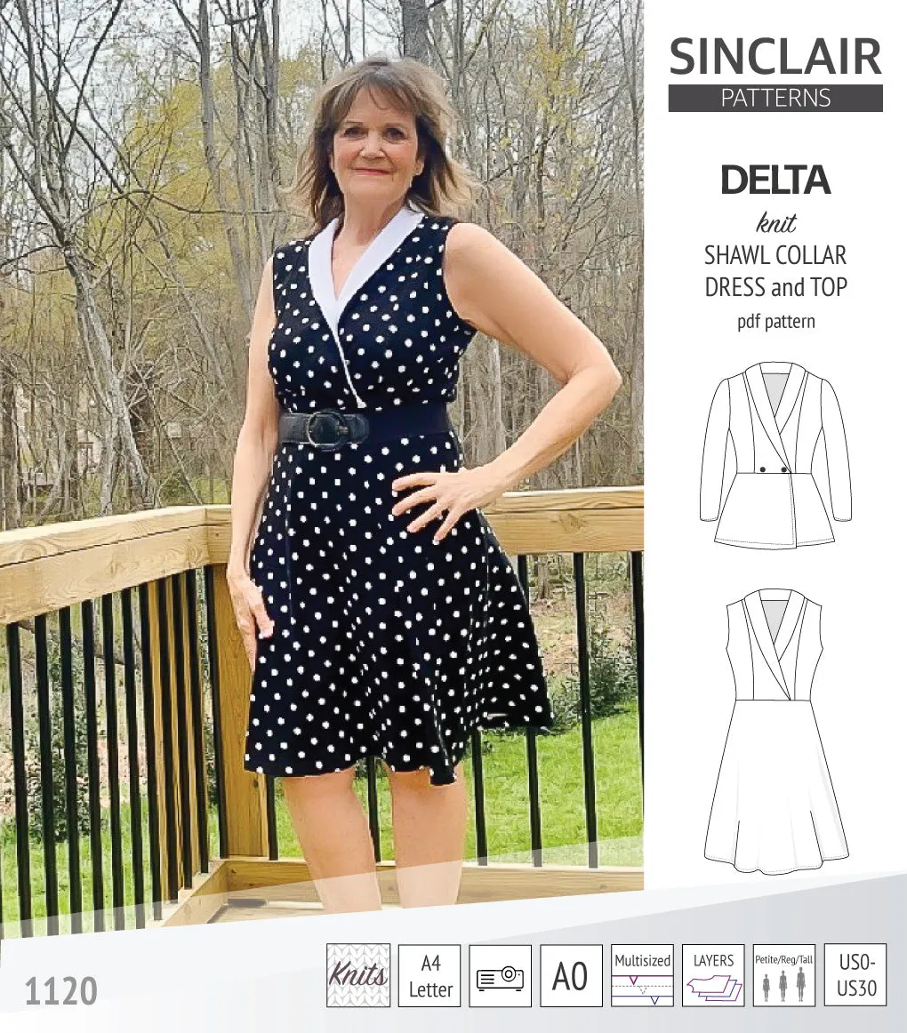Delta knit shawl collar dress and top with princess seams (PDF)