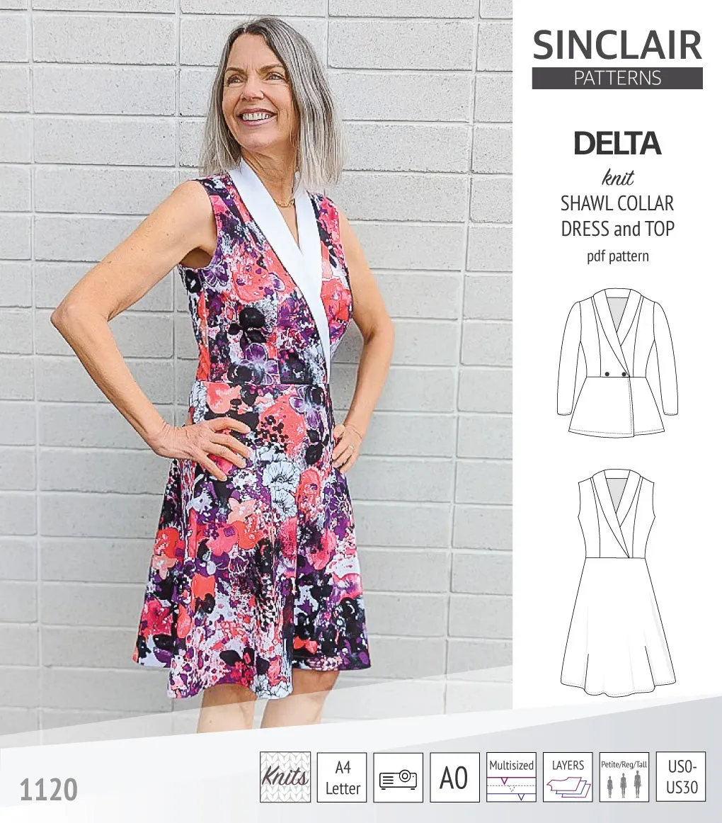 Delta knit shawl collar dress and top with princess seams (PDF)