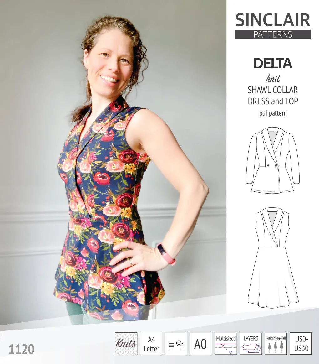 Delta knit shawl collar dress and top with princess seams (PDF)