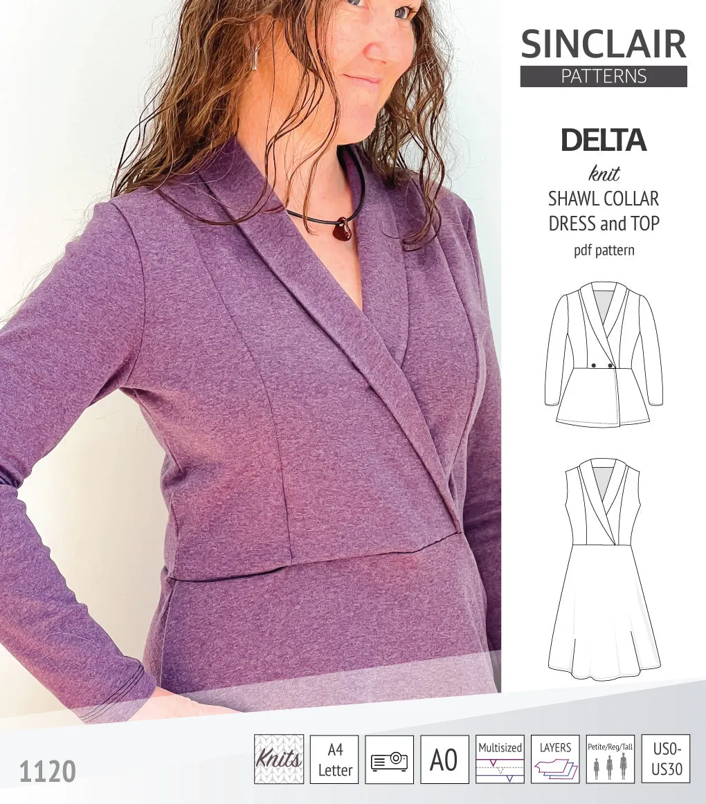 Delta knit shawl collar dress and top with princess seams (PDF)