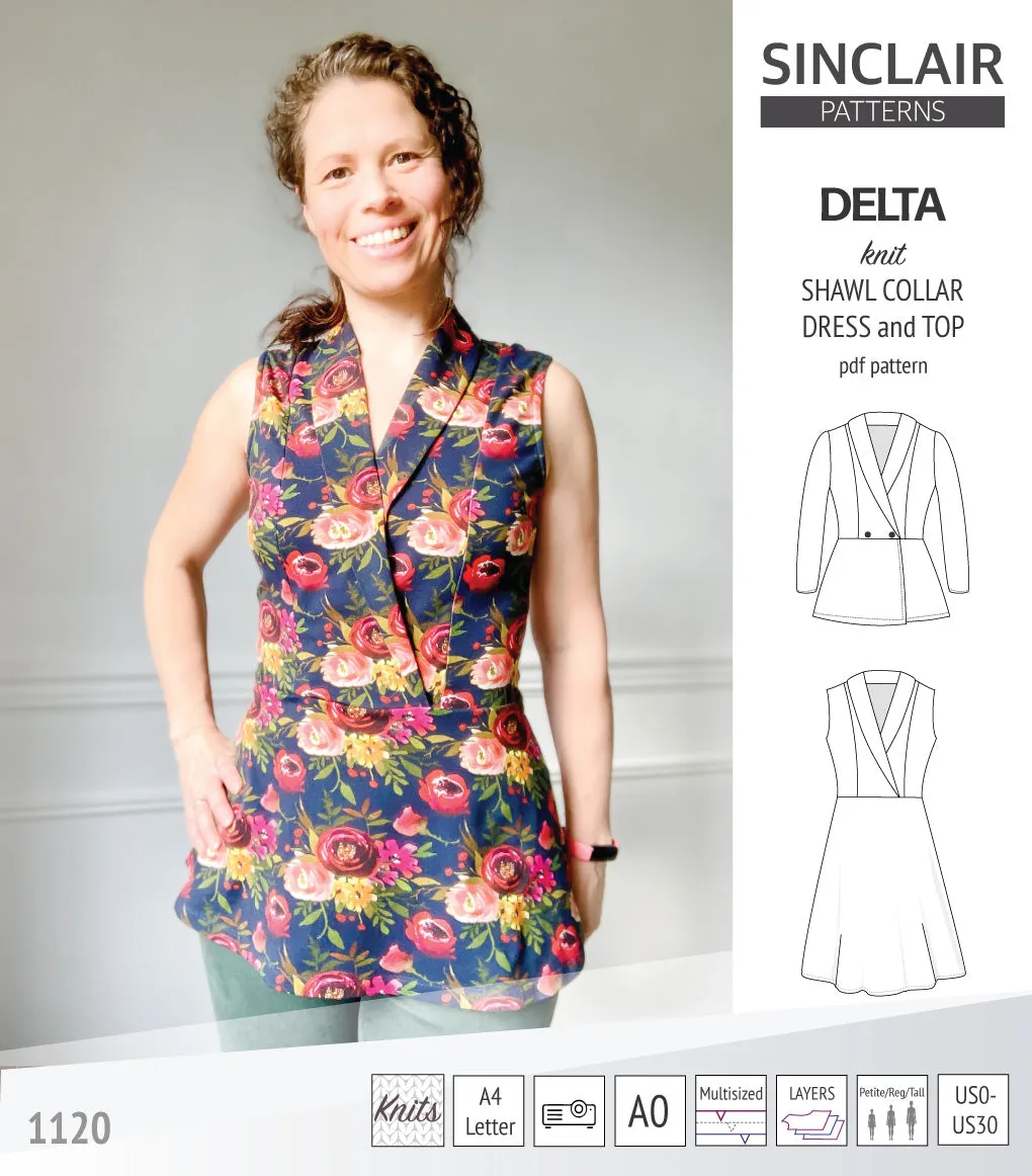 Delta knit shawl collar dress and top with princess seams (PDF)