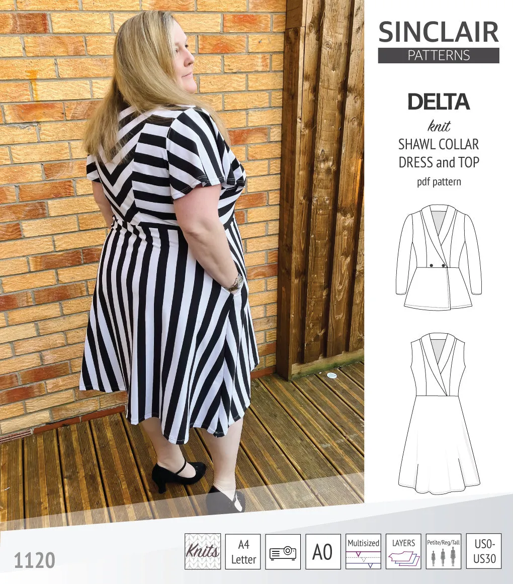 Delta knit shawl collar dress and top with princess seams (PDF)