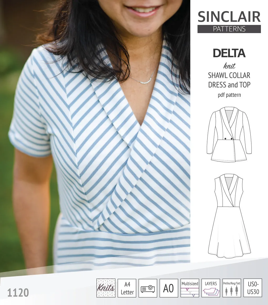 Delta knit shawl collar dress and top with princess seams (PDF)