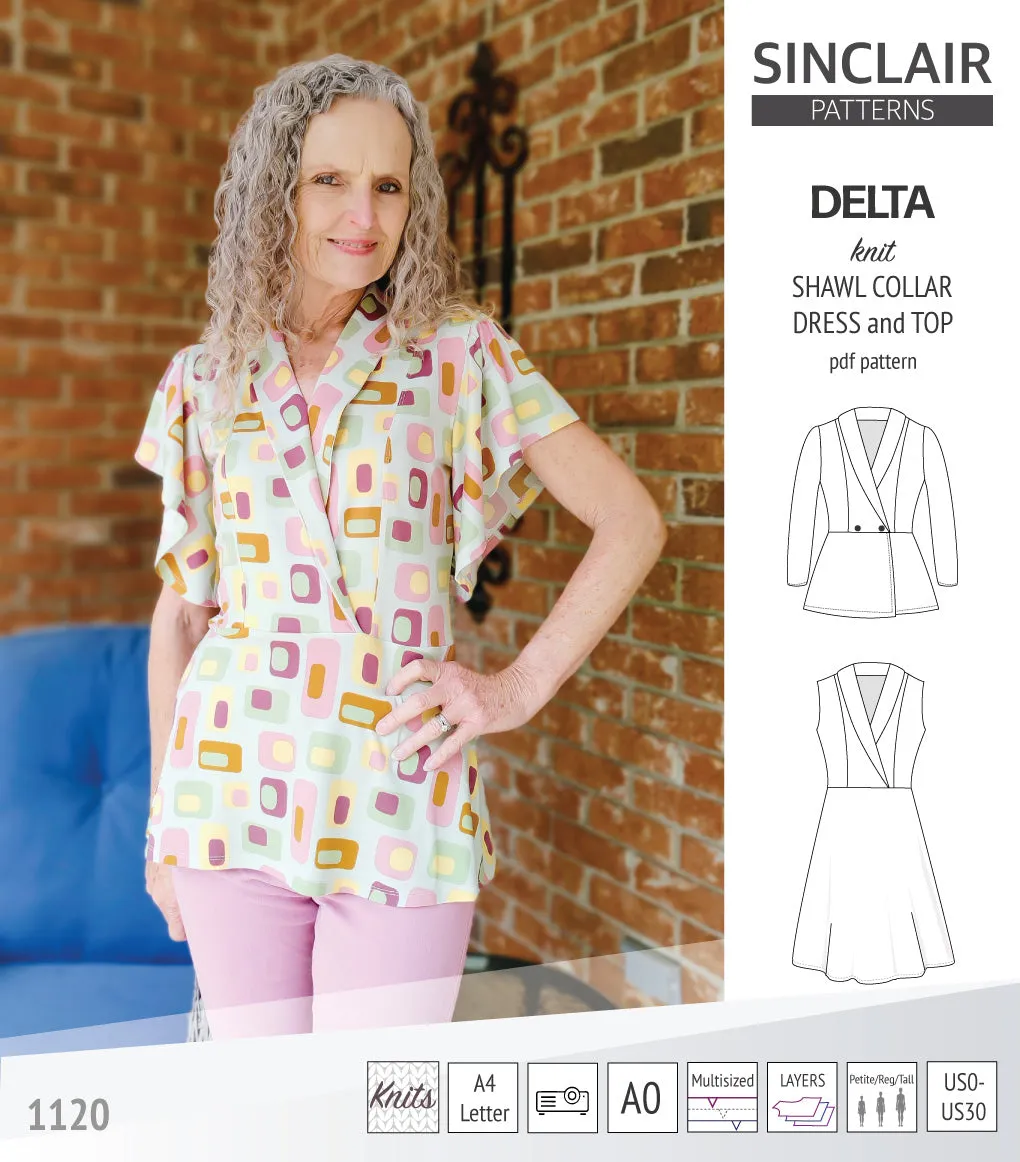 Delta knit shawl collar dress and top with princess seams (PDF)