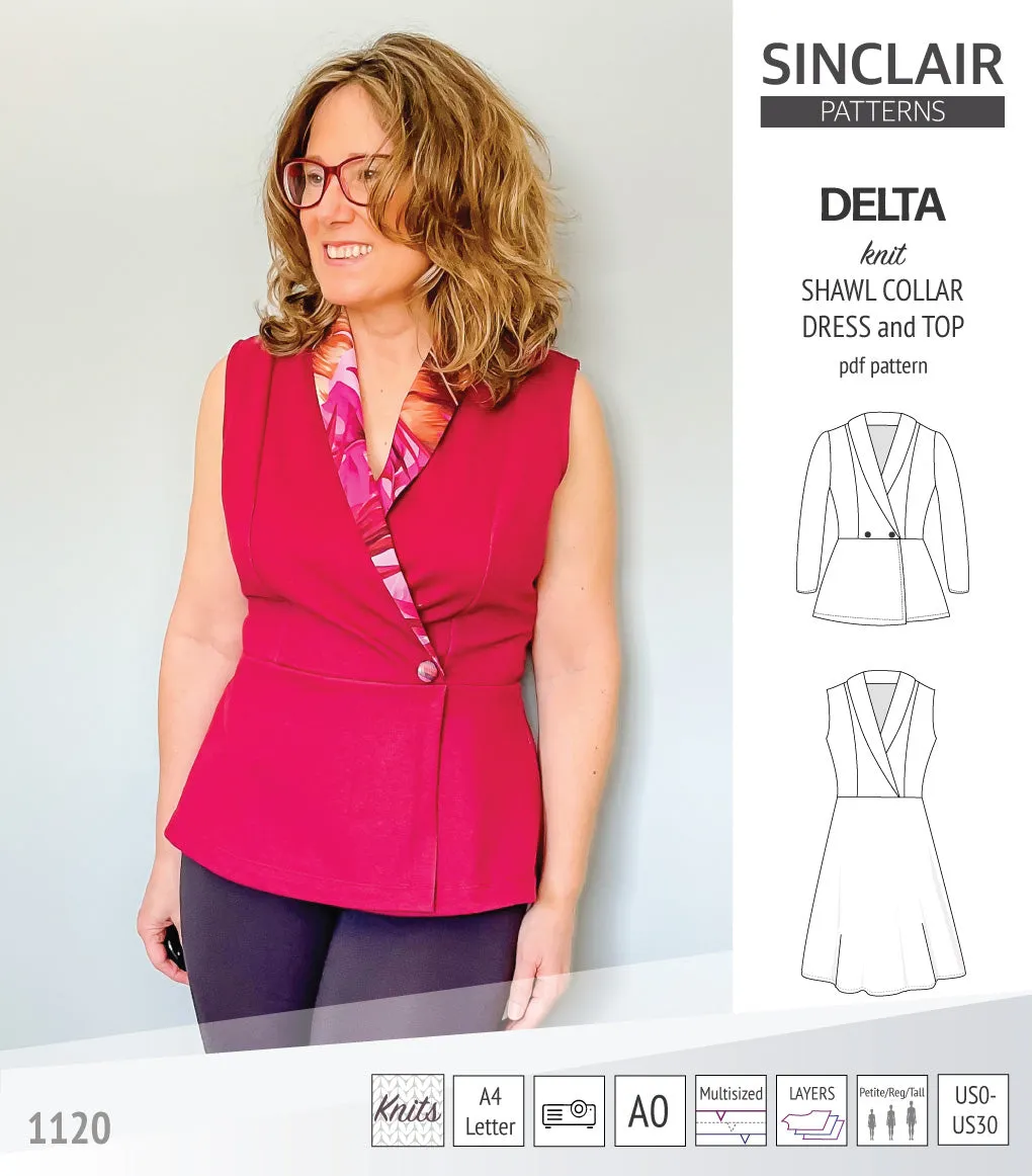 Delta knit shawl collar dress and top with princess seams (PDF)