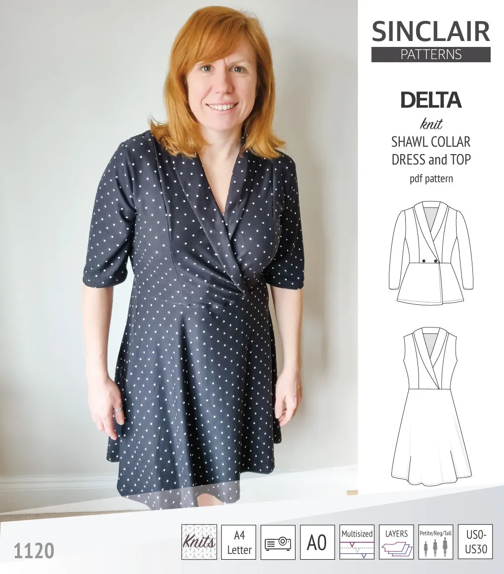 Delta knit shawl collar dress and top with princess seams (PDF)