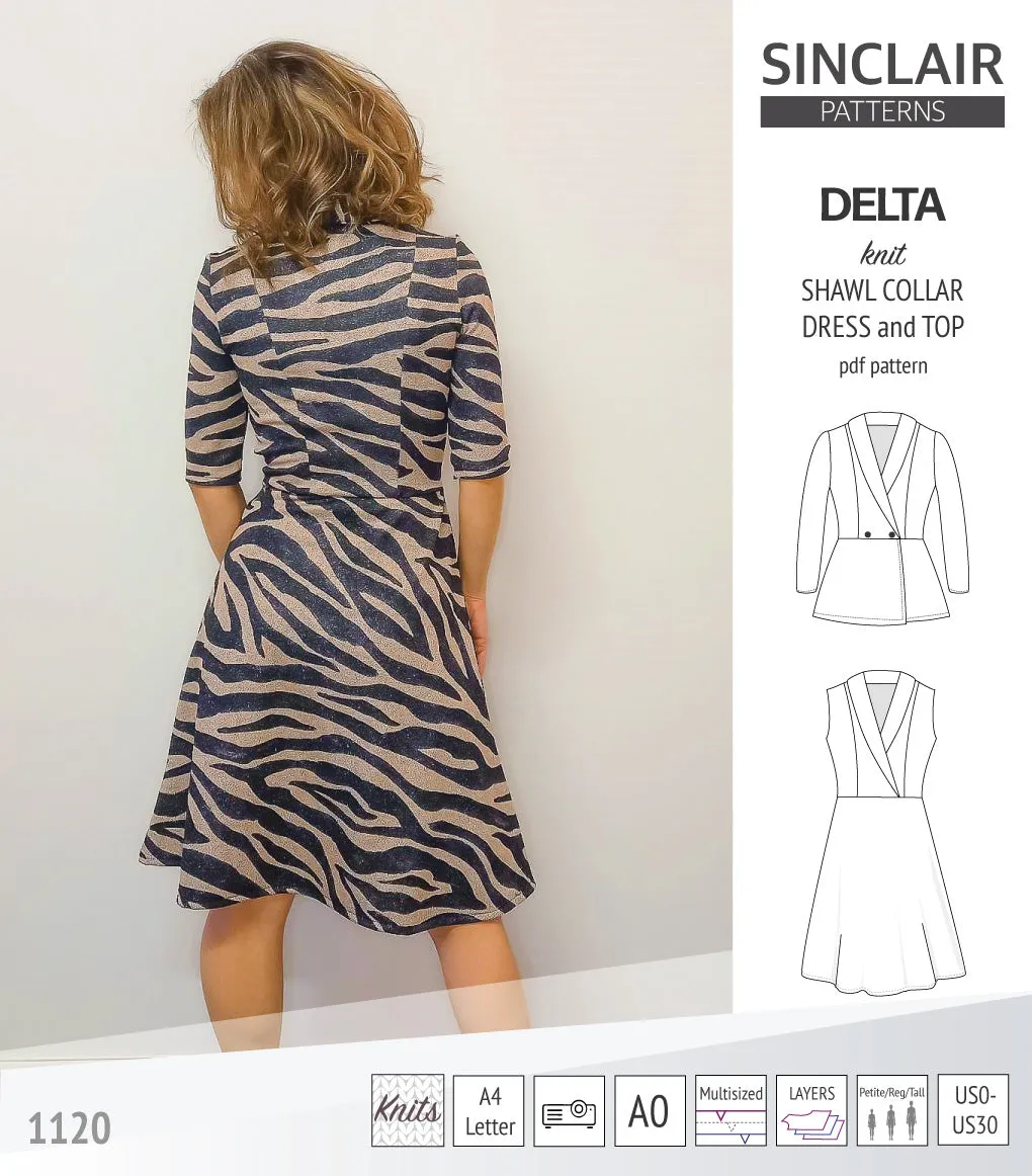 Delta knit shawl collar dress and top with princess seams (PDF)