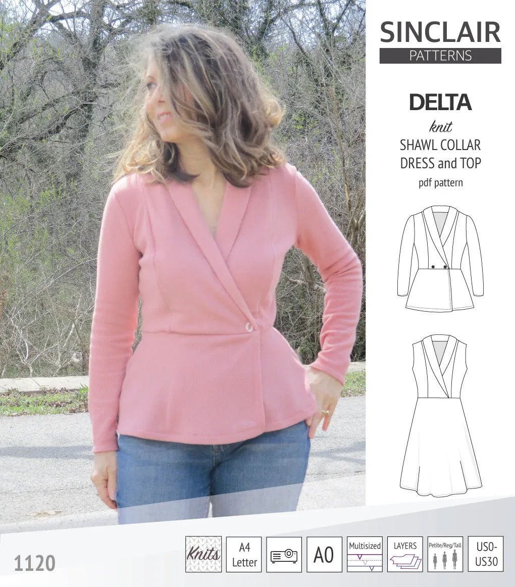 Delta knit shawl collar dress and top with princess seams (PDF)