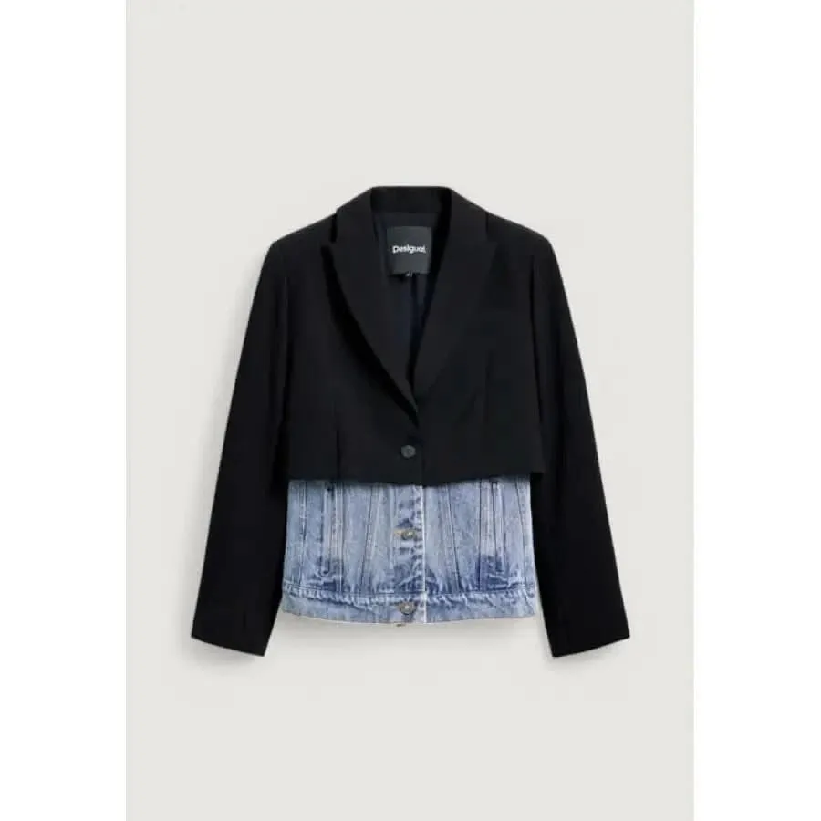 Desigual Women's Black Long Jacket with Lapel Collar and Buttons