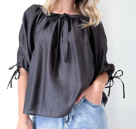 Drawstring Detail Top In Charcoal