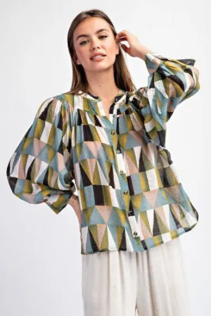 Dry Herb Geometric Button Front Blouse