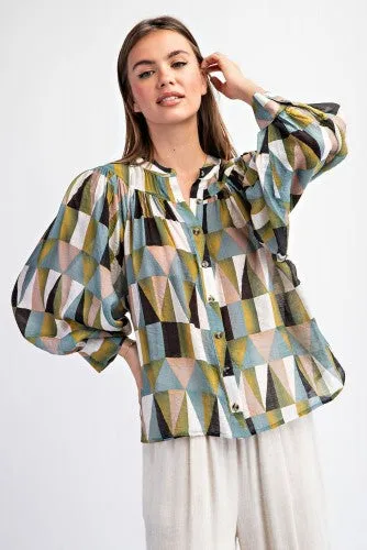 Dry Herb Geometric Button Front Blouse