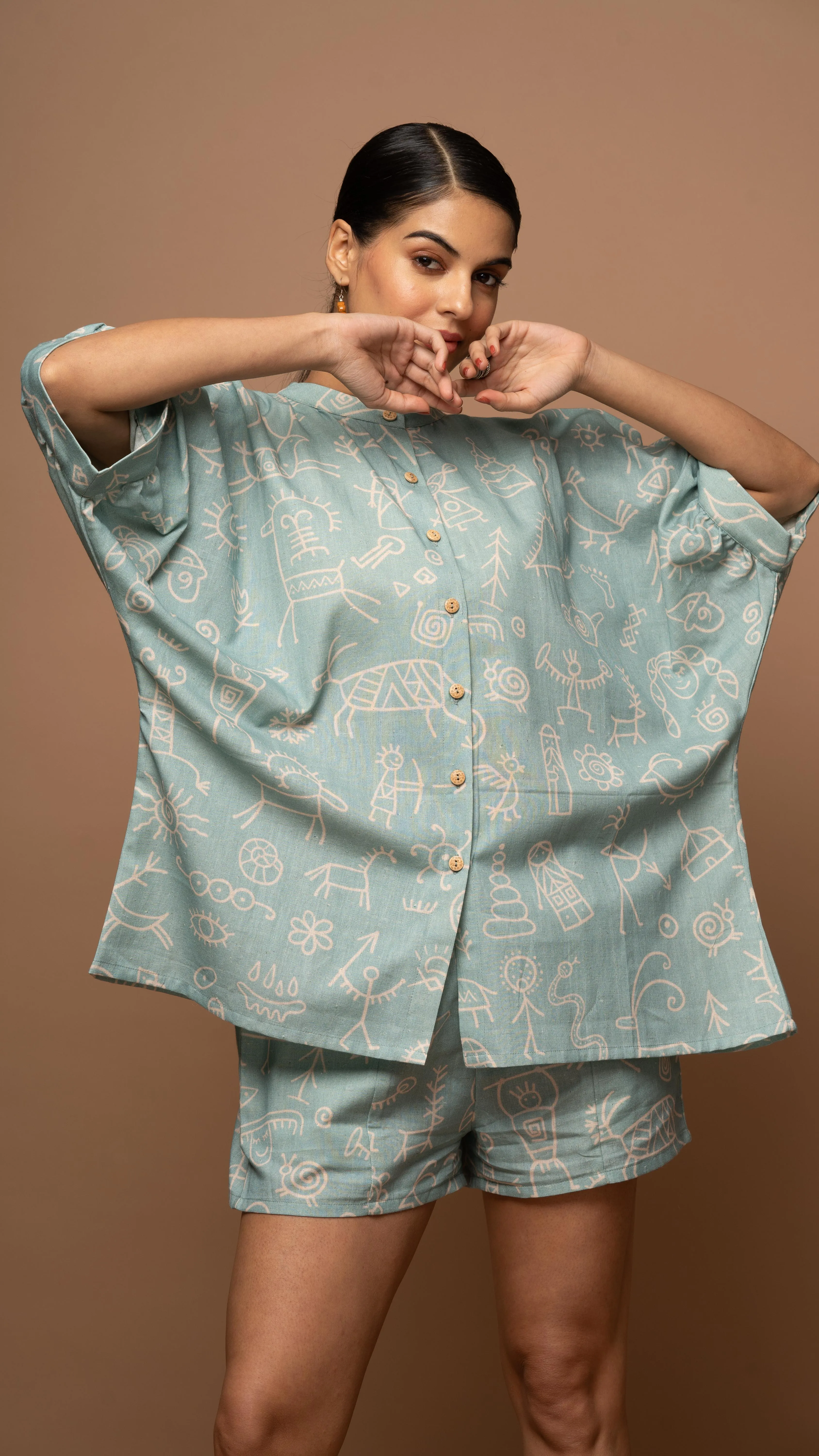 Dusty Blue Bliss Co-ord Shorts Set in In our cave Pattern
