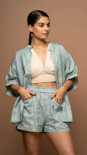 Dusty Blue Bliss Co-ord Shorts Set in In our cave Pattern