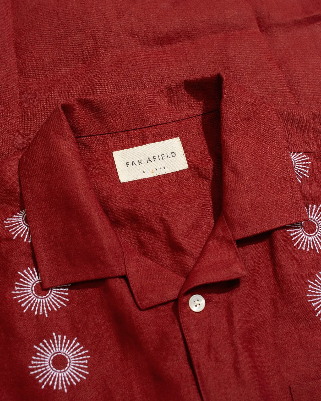 Far Afield Stachio SS Shirt - Sol Stripe Embroidery Deep Red