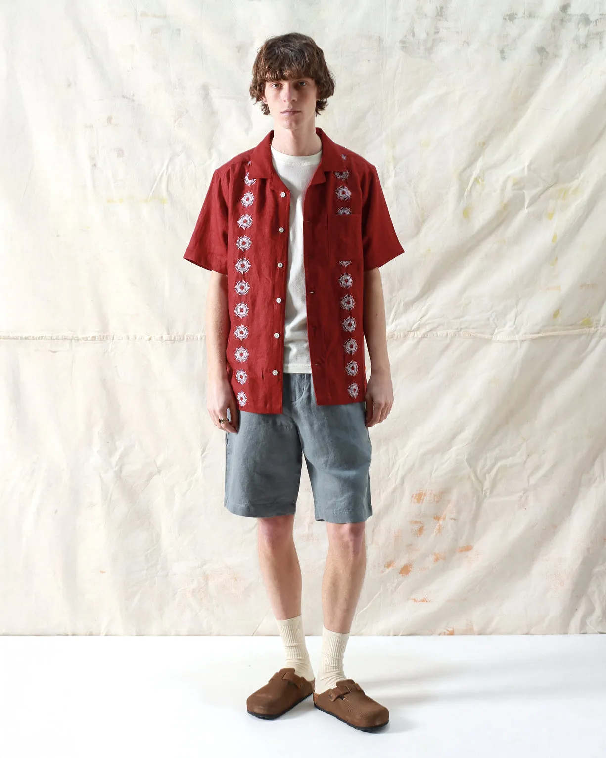 Far Afield Stachio SS Shirt - Sol Stripe Embroidery Deep Red