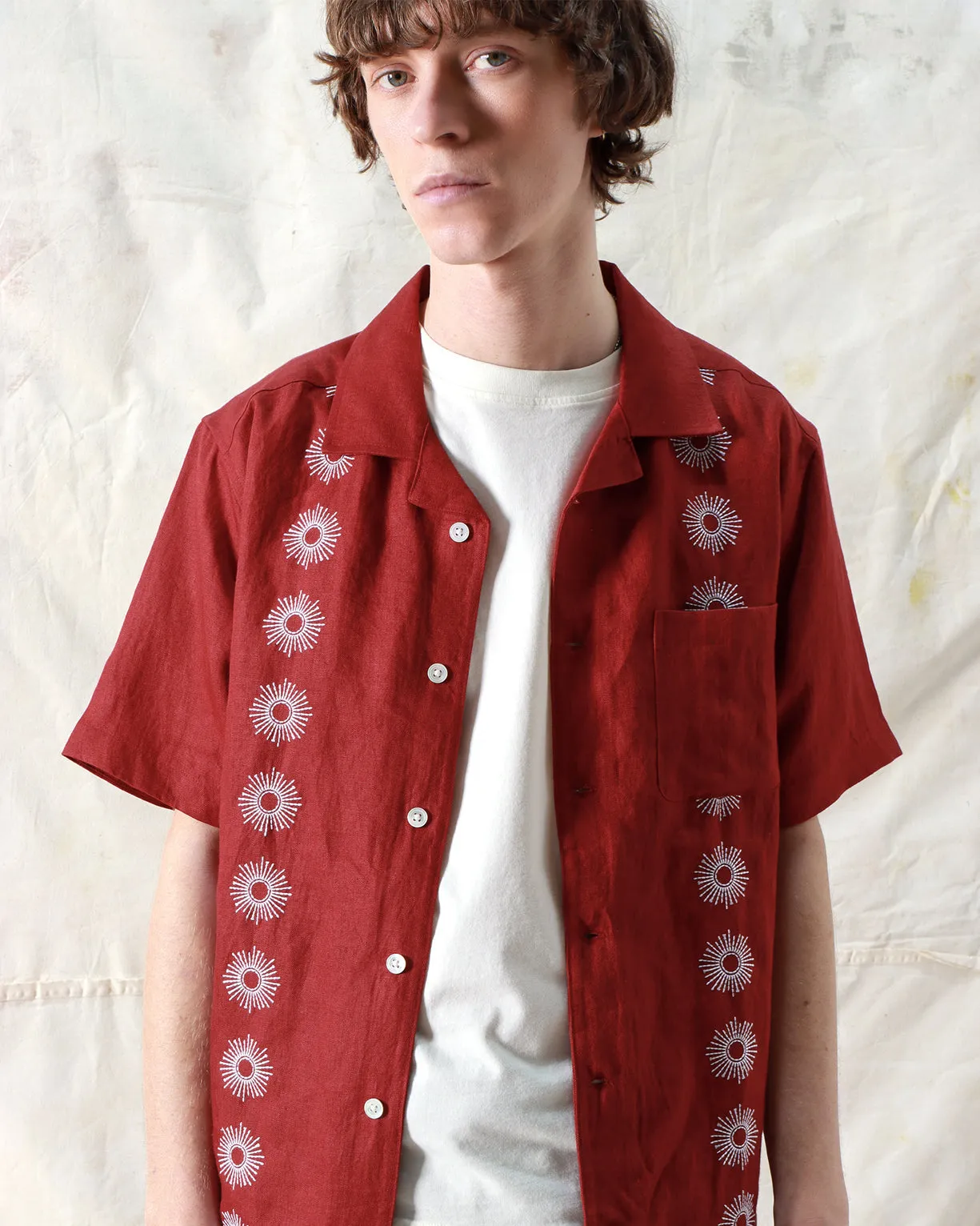 Far Afield Stachio SS Shirt - Sol Stripe Embroidery Deep Red