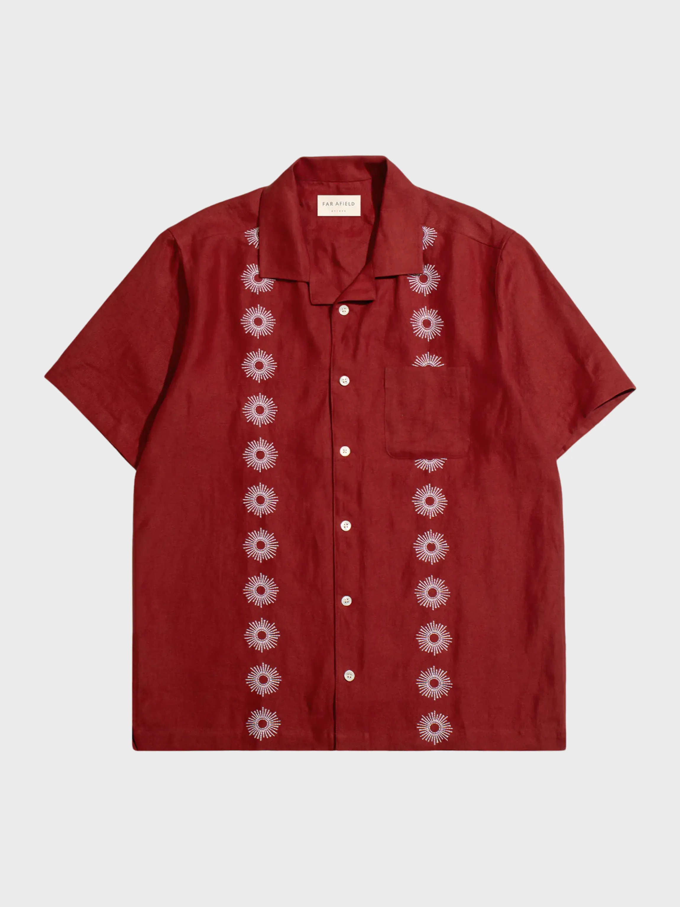 Far Afield Stachio SS Shirt - Sol Stripe Embroidery Deep Red