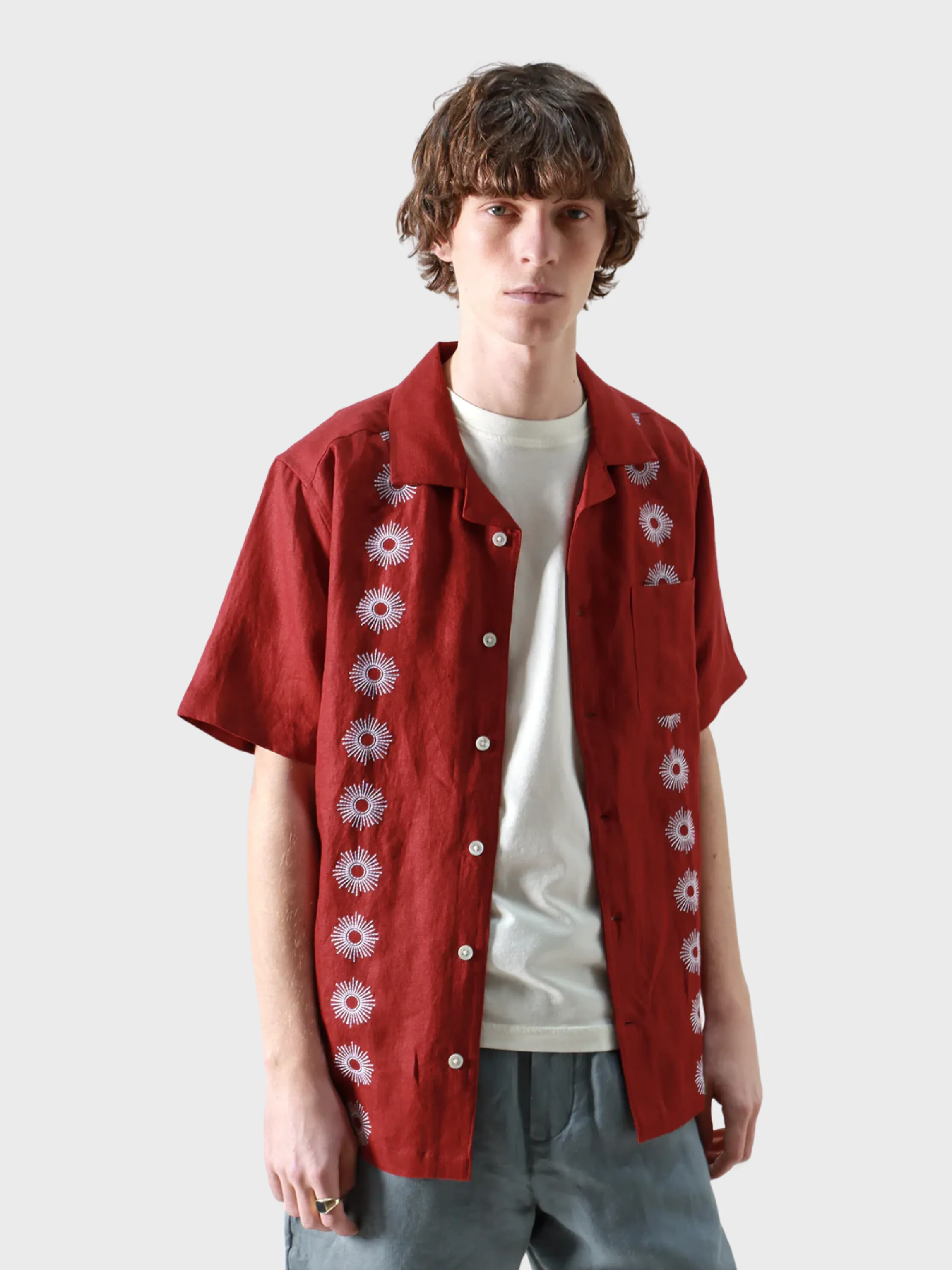 Far Afield Stachio SS Shirt - Sol Stripe Embroidery Deep Red