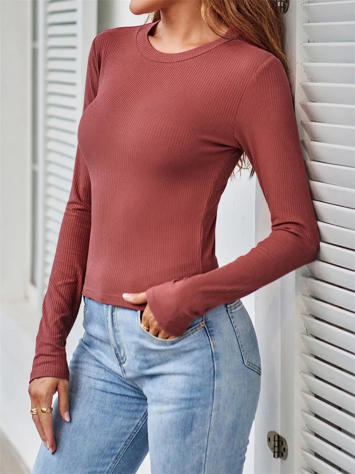 Female Autumn Slim Fit Crew Neck Pullover Shirt